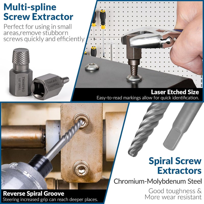 Thinkpro Screw & Bolt Extractor Set and Left Hand Drill Bit Kit,54 PCS Easy Out Stripped Screw Remover with Hex Adapter,Lug Nut Remover for Broken,Damaged,Rusted,Rounded-Off Studs. - Image 4